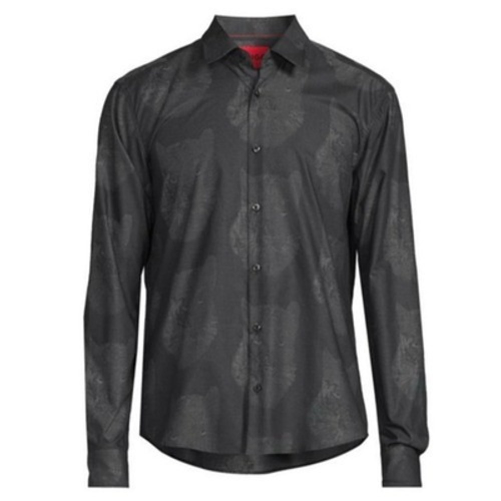 HUGO Button Up Shirt Mens XXL Gray Panther Cat Jacquard Long Sleeve Ermo